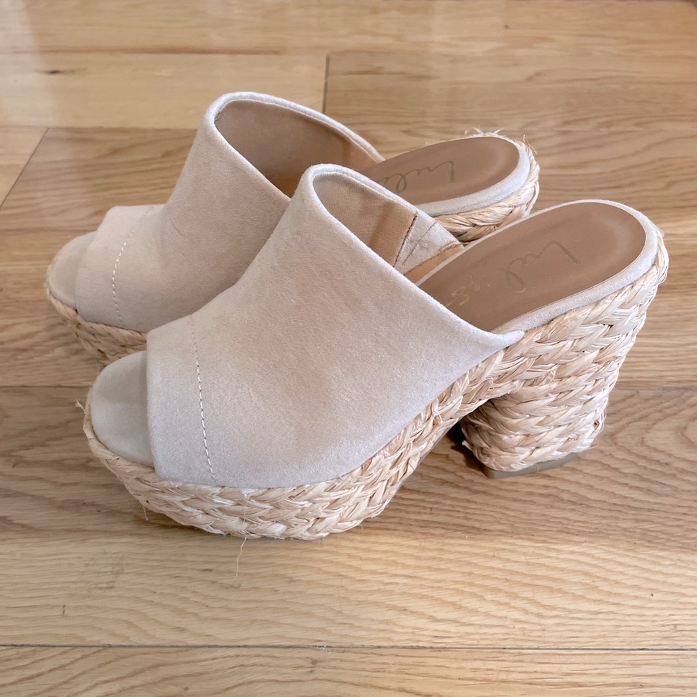 Lulu’s Nude Suede Platform Wedge Slide Sandals